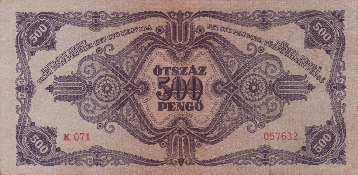 Back of Hungary p117a: 500 Pengo from 1945