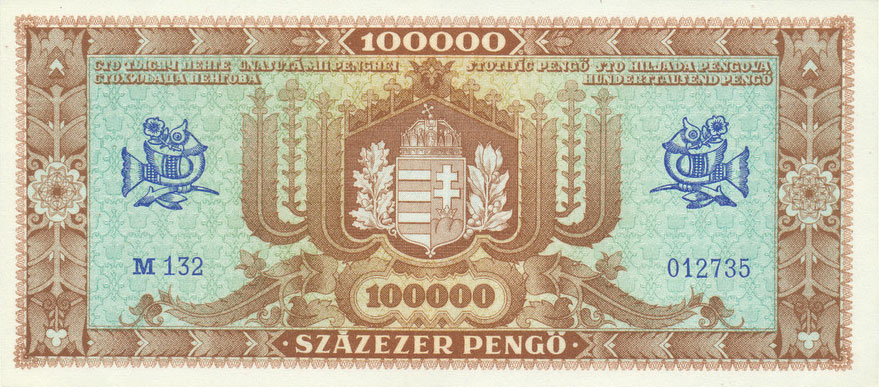 Back of Hungary p121a: 100000 Pengo from 1945