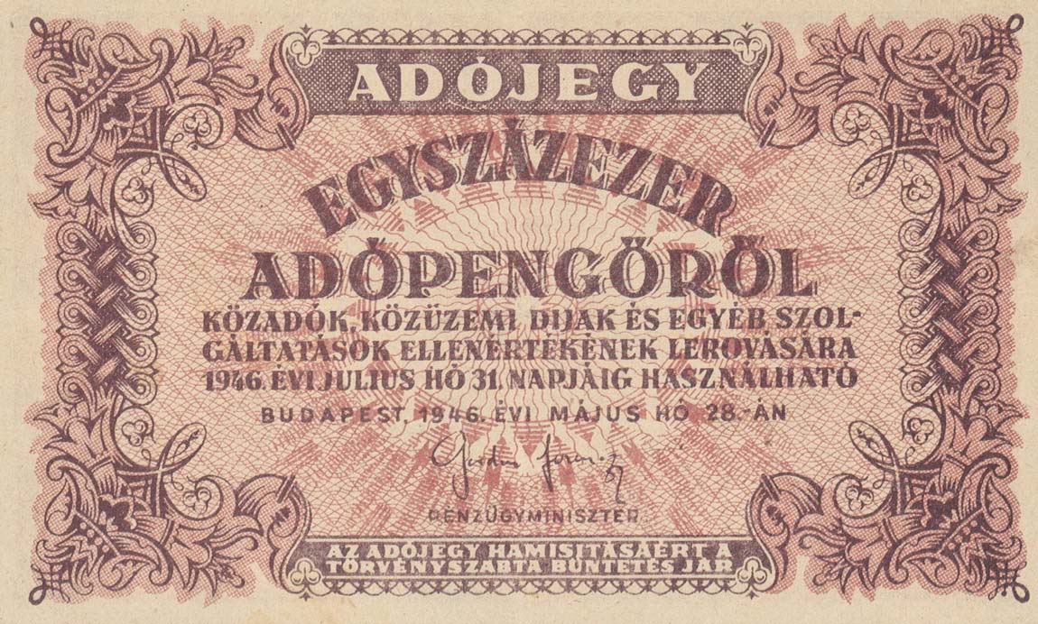 Front of Hungary p144b: 100000 Adopengo from 1946