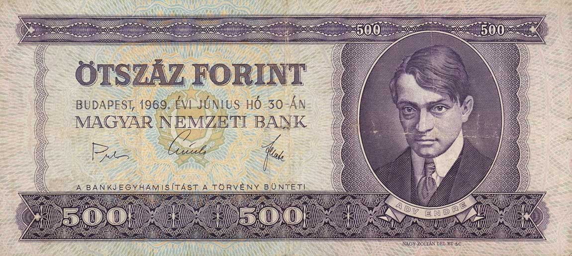 Front of Hungary p172a: 500 Forint from 1969