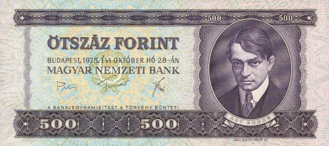 Front of Hungary p172b: 500 Forint from 1975