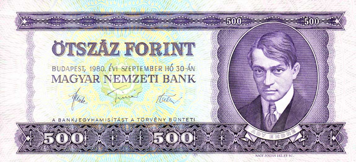 Front of Hungary p172c: 500 Forint from 1980