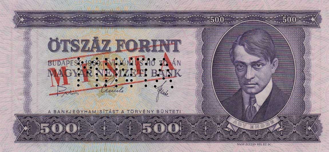 Front of Hungary p172s: 500 Forint from 1969