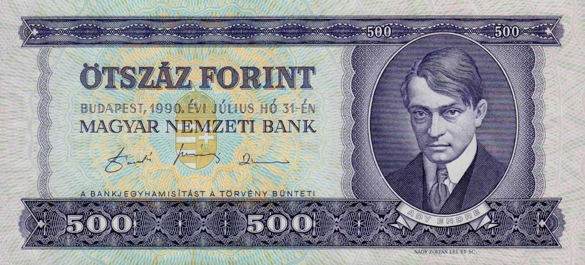 Front of Hungary p175a: 500 Forint from 1990