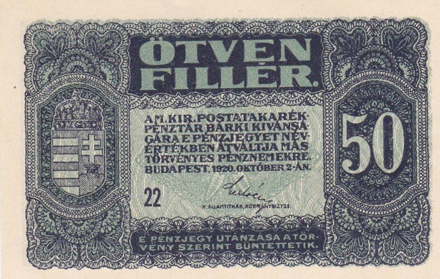 Front of Hungary p44: 50 Filler from 1920