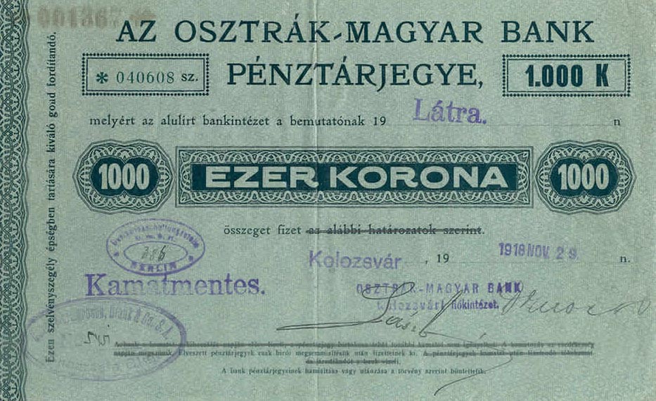 Front of Hungary p4: 1000 Korona from 1918