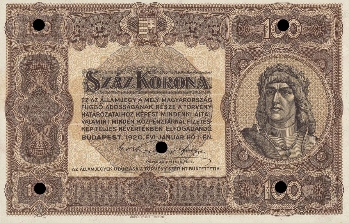 Front of Hungary p63r: 100 Korona from 1920