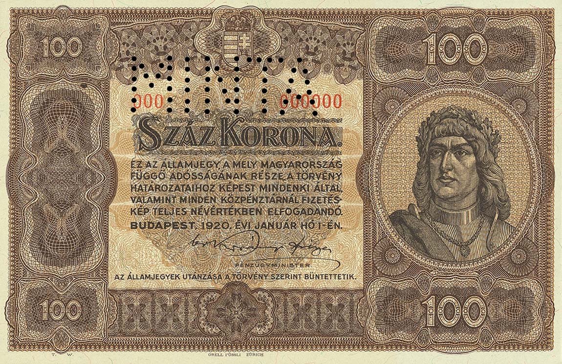 Front of Hungary p63s: 100 Korona from 1920