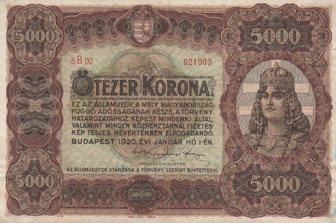 Front of Hungary p67a: 5000 Korona from 1920