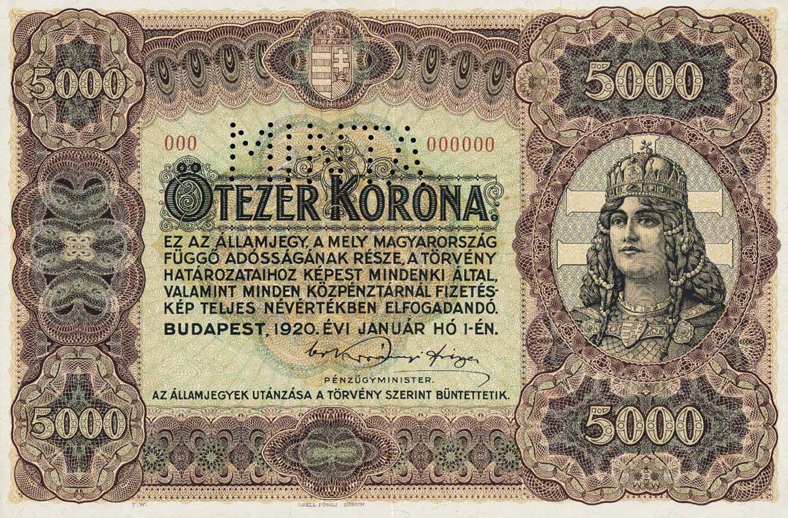 Front of Hungary p67s: 5000 Korona from 1920