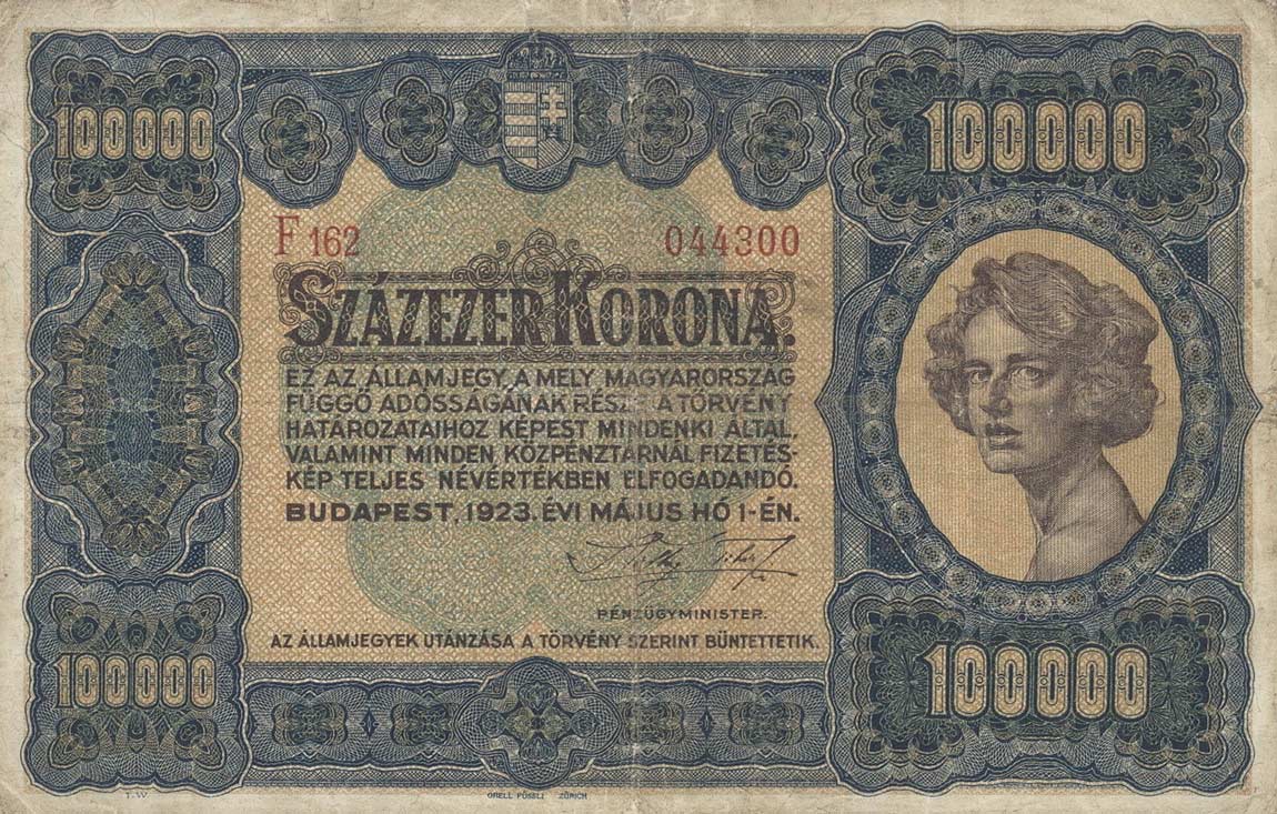 Front of Hungary p72a: 100000 Korona from 1923