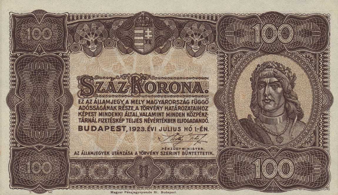 Front of Hungary p73a: 100 Korona from 1923