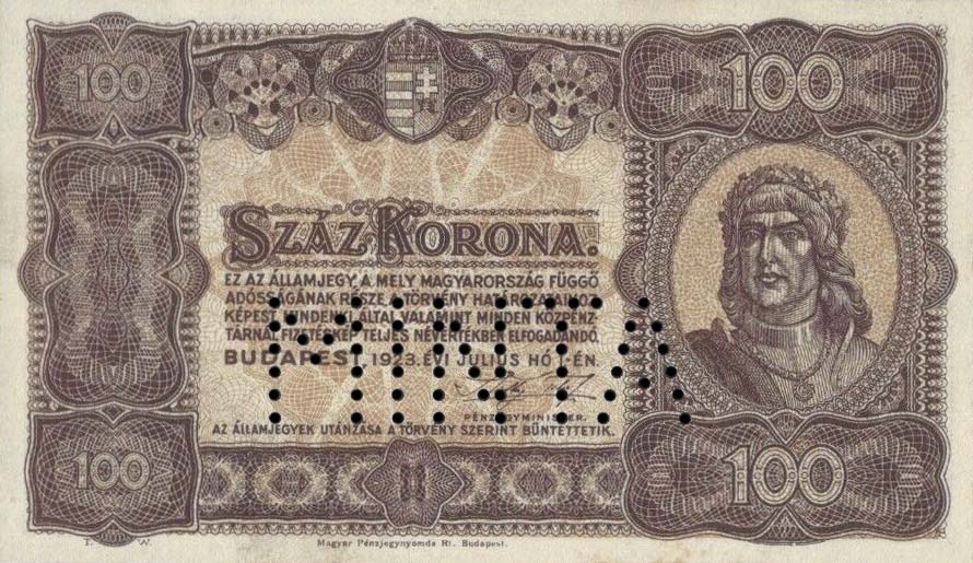 Front of Hungary p73s: 100 Korona from 1923