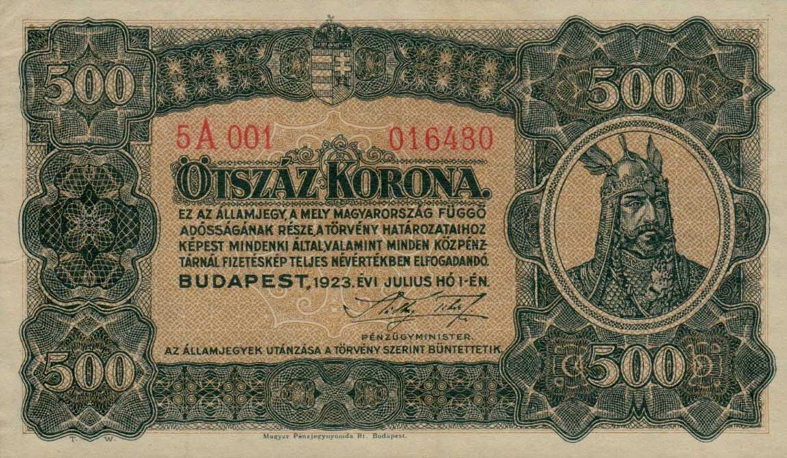 Front of Hungary p74a: 500 Korona from 1923