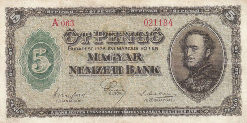 Front of Hungary p89a: 5 Pengo from 1926