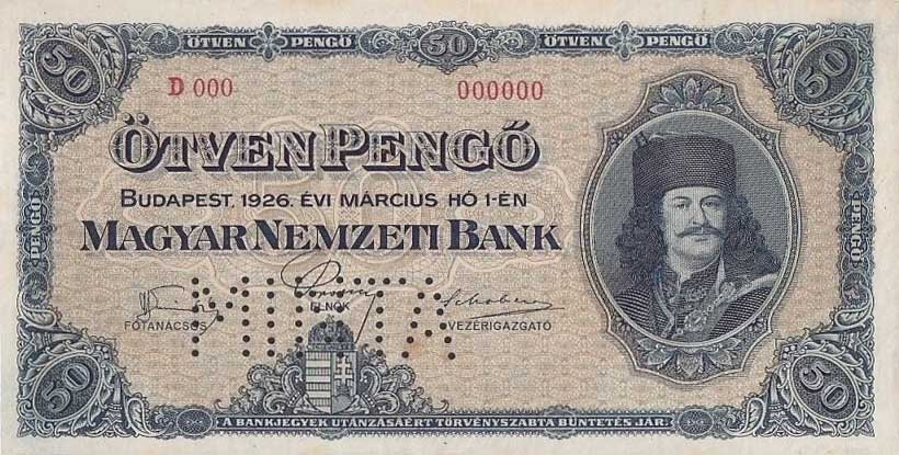 Front of Hungary p92s: 50 Pengo from 1926