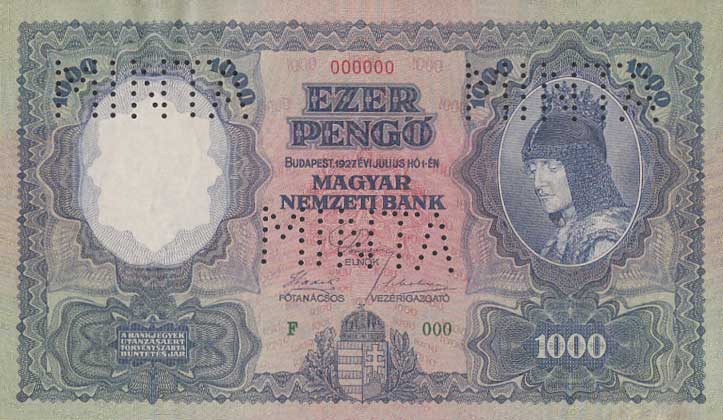 Front of Hungary p94s: 1000 Pengo from 1927