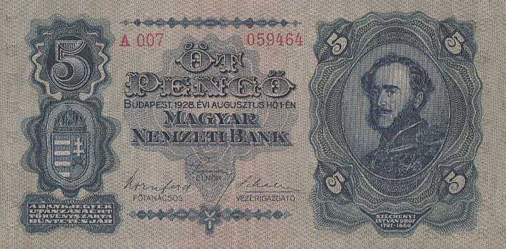 Front of Hungary p95a: 5 Pengo from 1928