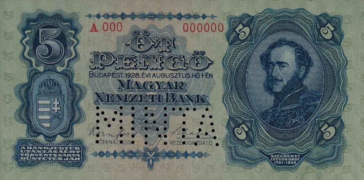 Front of Hungary p95s: 5 Pengo from 1928