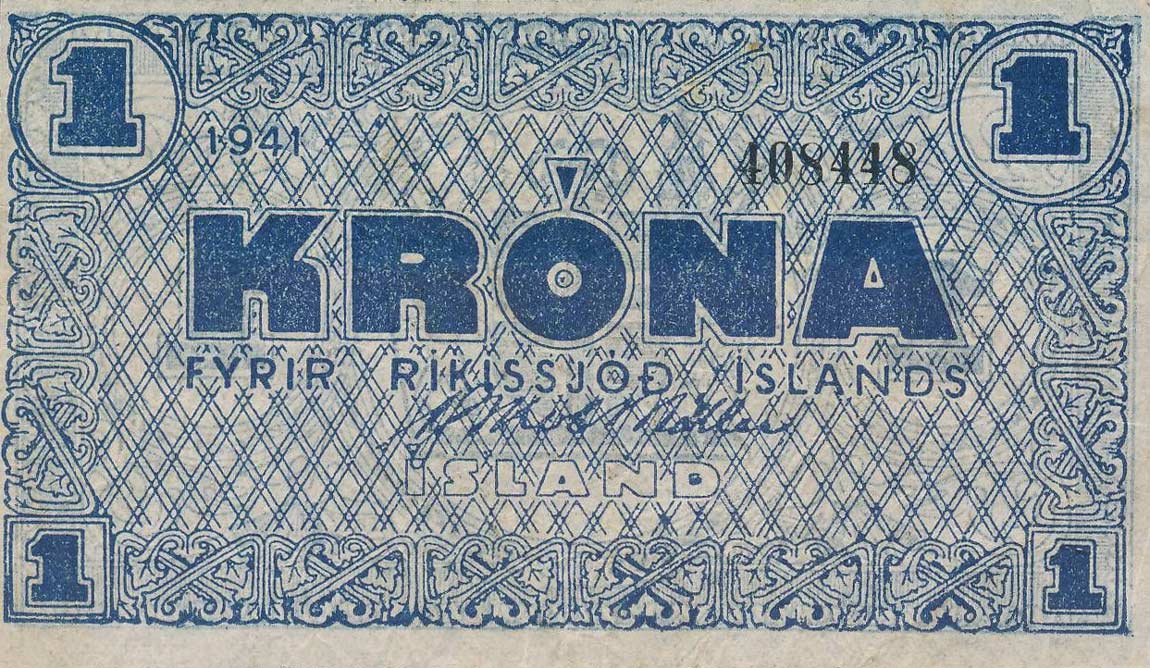 Front of Iceland p22i: 1 Kronur from 1944