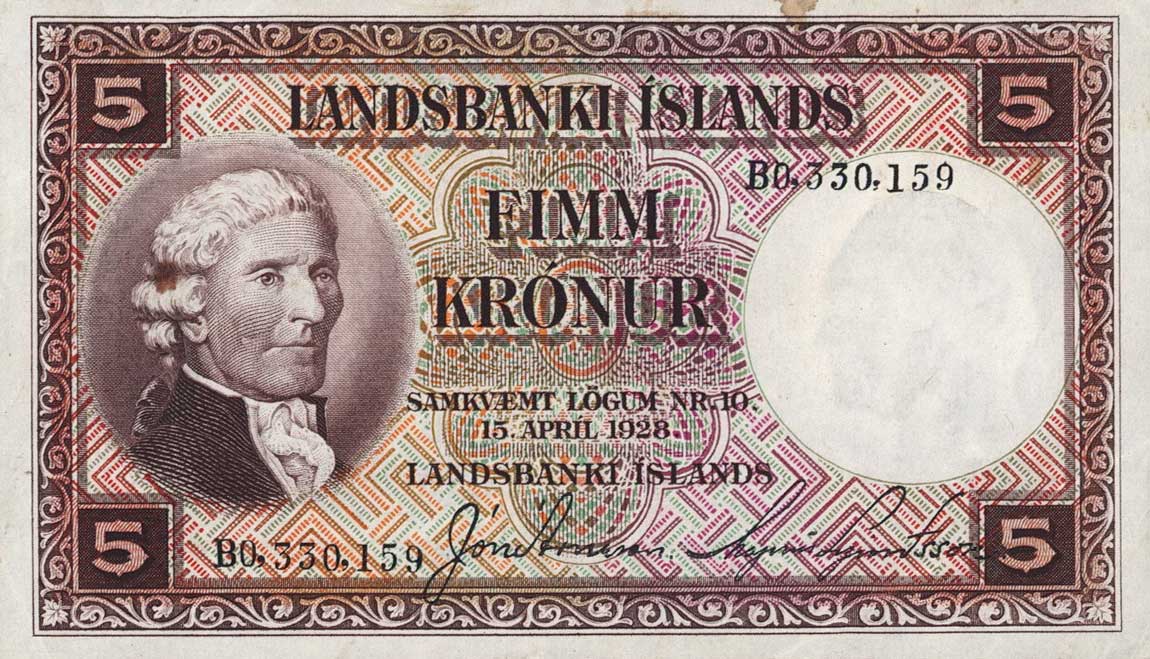 Front of Iceland p27c: 5 Kronur from 1928