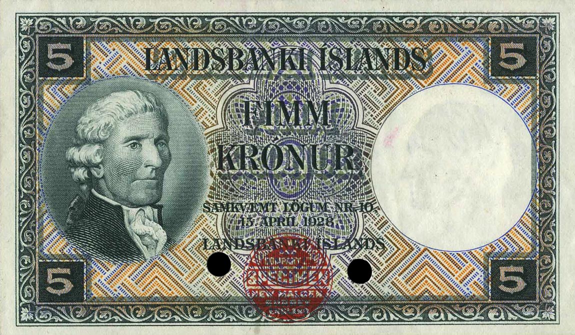 Front of Iceland p27ct: 5 Kronur from 1928