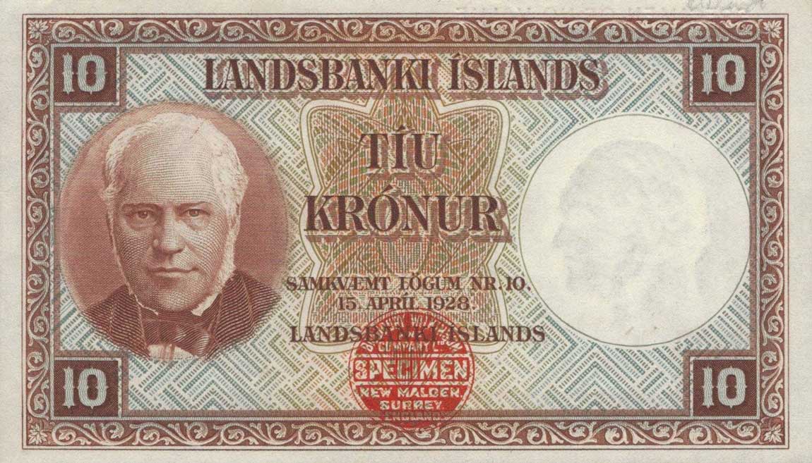 Front of Iceland p28ct: 10 Kronur from 1928