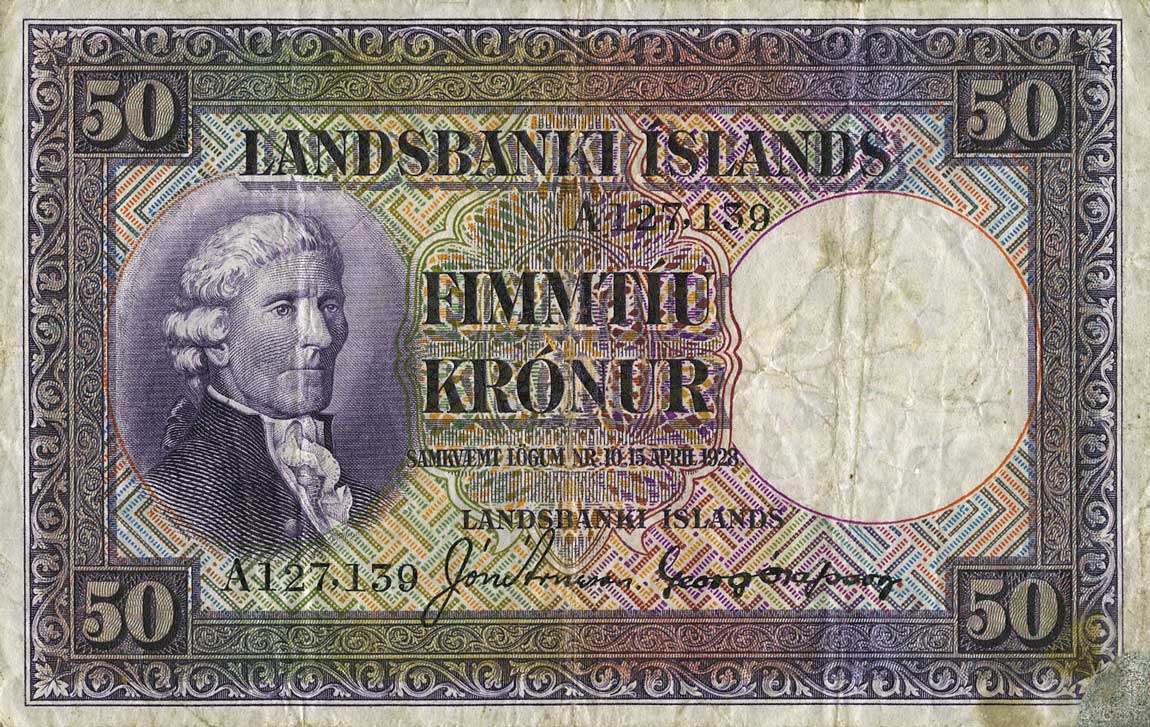 RealBanknotes.com > Iceland p29b: 50 Kronur from 1928