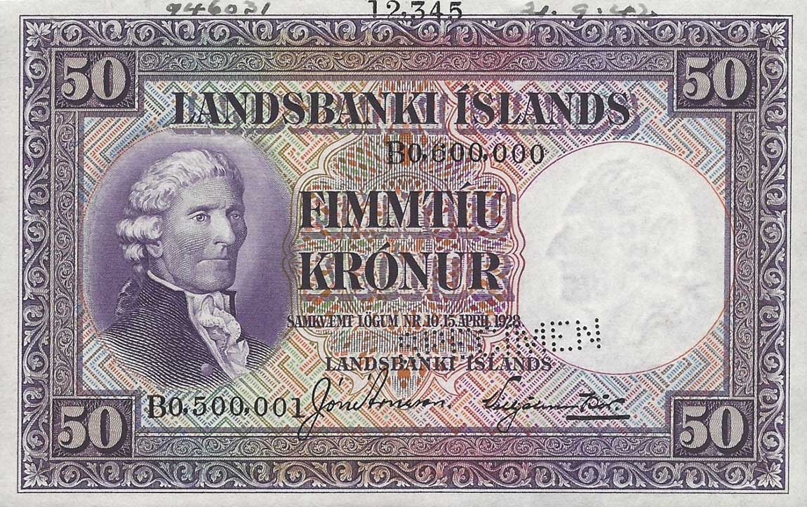 Front of Iceland p29s: 50 Kronur from 1928