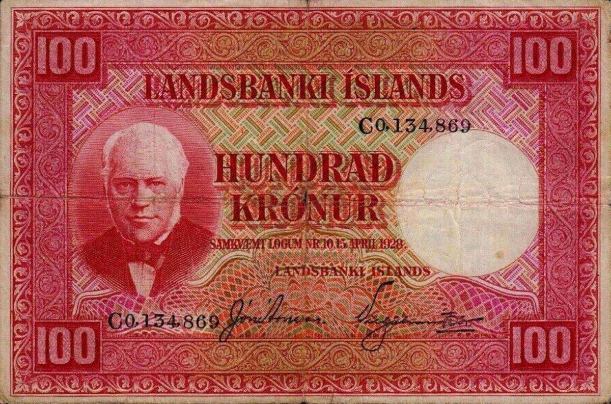 Front of Iceland p30d: 100 Kronur from 1928