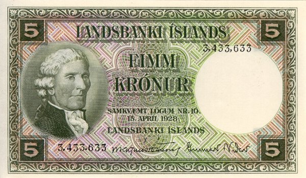 Front of Iceland p32a: 5 Kronur from 1928