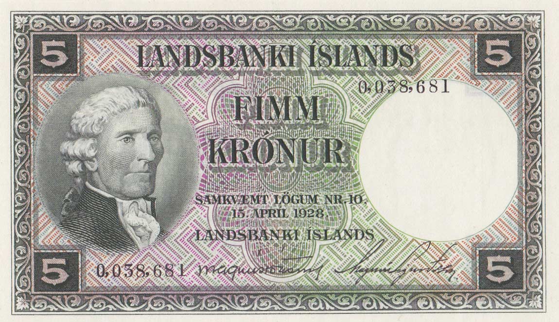 Front of Iceland p32b: 5 Kronur from 1928