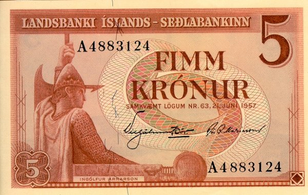 Front of Iceland p37a: 5 Kronur from 1957