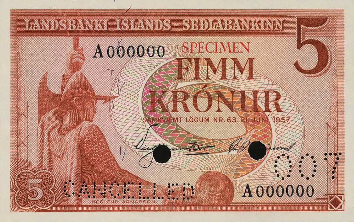 Front of Iceland p37s1: 5 Kronur from 1957