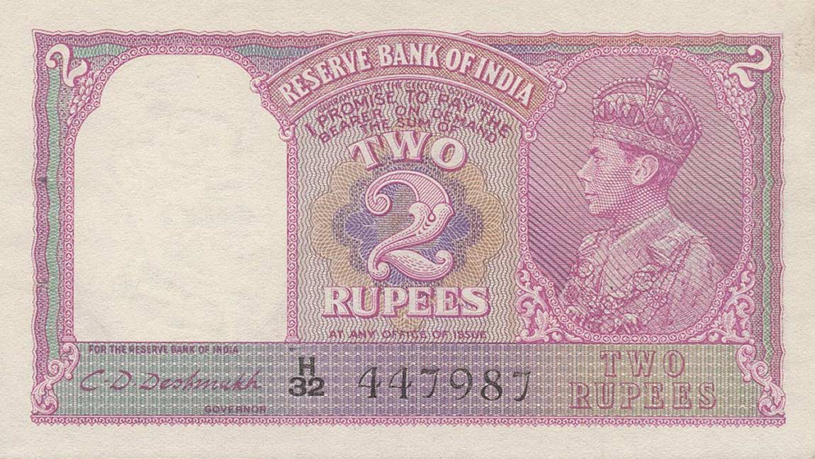 Front of India p17b: 2 Rupees from 1943