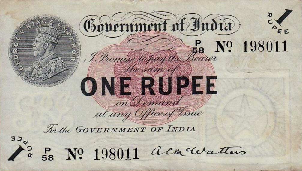 Front of India p1b: 1 Rupee from 1917