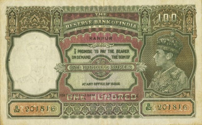 Front of India p20i: 100 Rupees from 1943