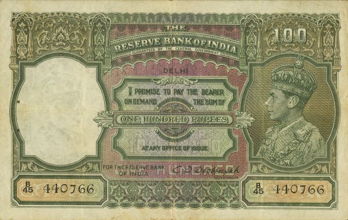 Front of India p20j: 100 Rupees from 1943