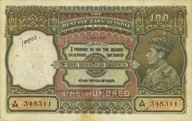 Front of India p20l: 100 Rupees from 1937