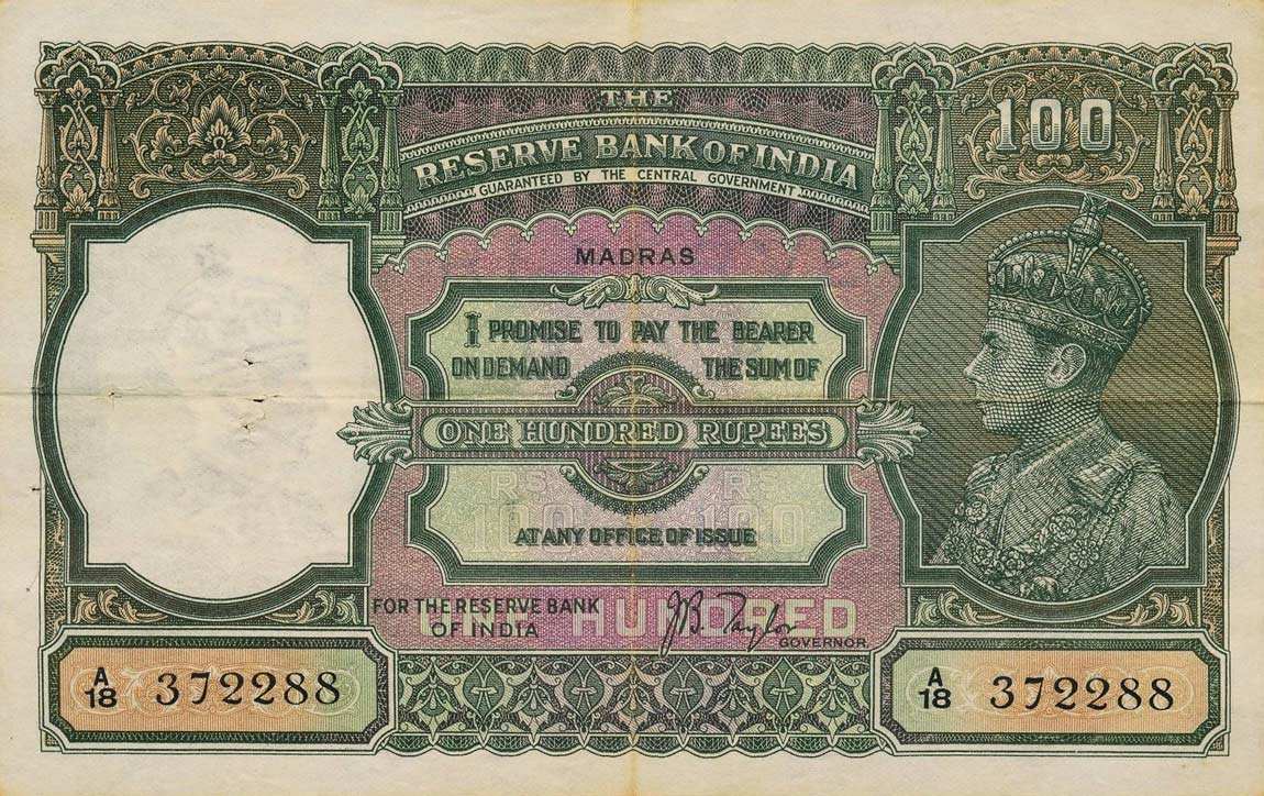 Front of India p20n: 100 Rupees from 1937