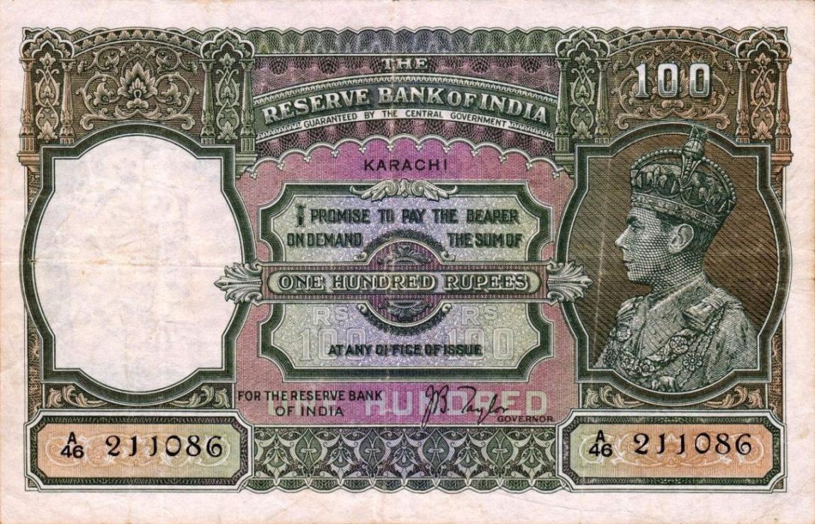 Front of India p20q: 100 Rupees from 1937