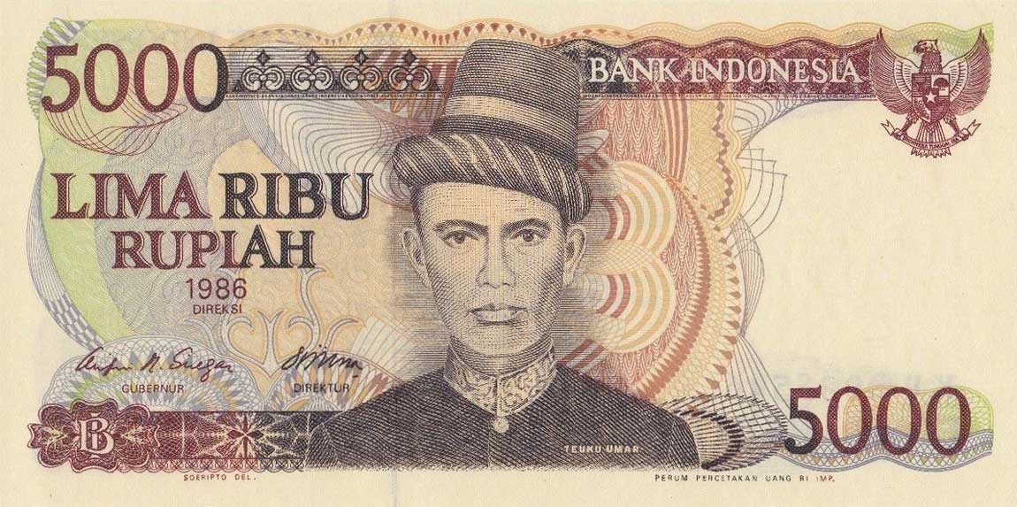 Front of Indonesia p125r: 5000 Rupiah from 1986