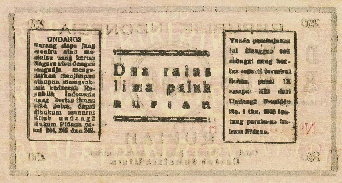 Back of Indonesia pS286: 250 Rupiah from 1949