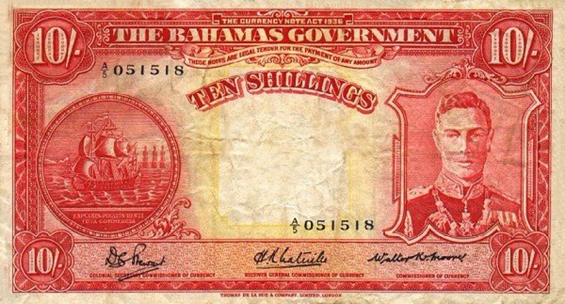 Front of Bahamas p10c: 10 Shillings from 1936