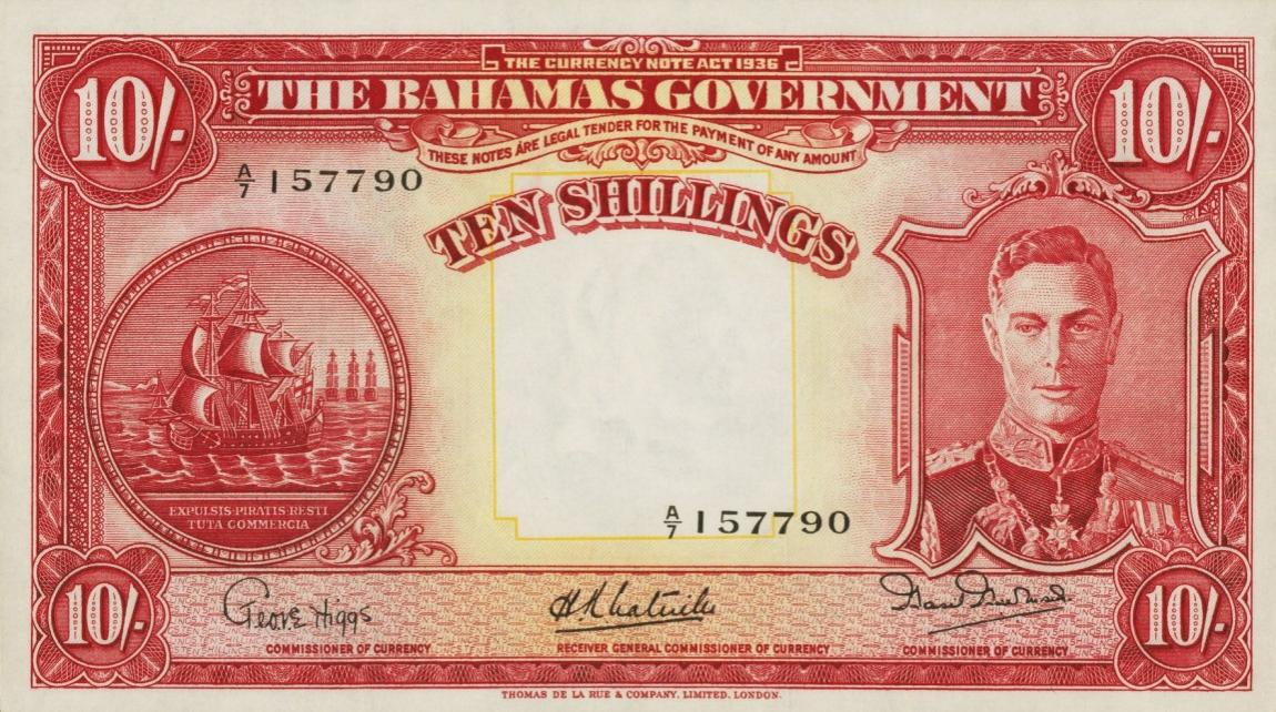 Front of Bahamas p10d: 10 Shillings from 1936