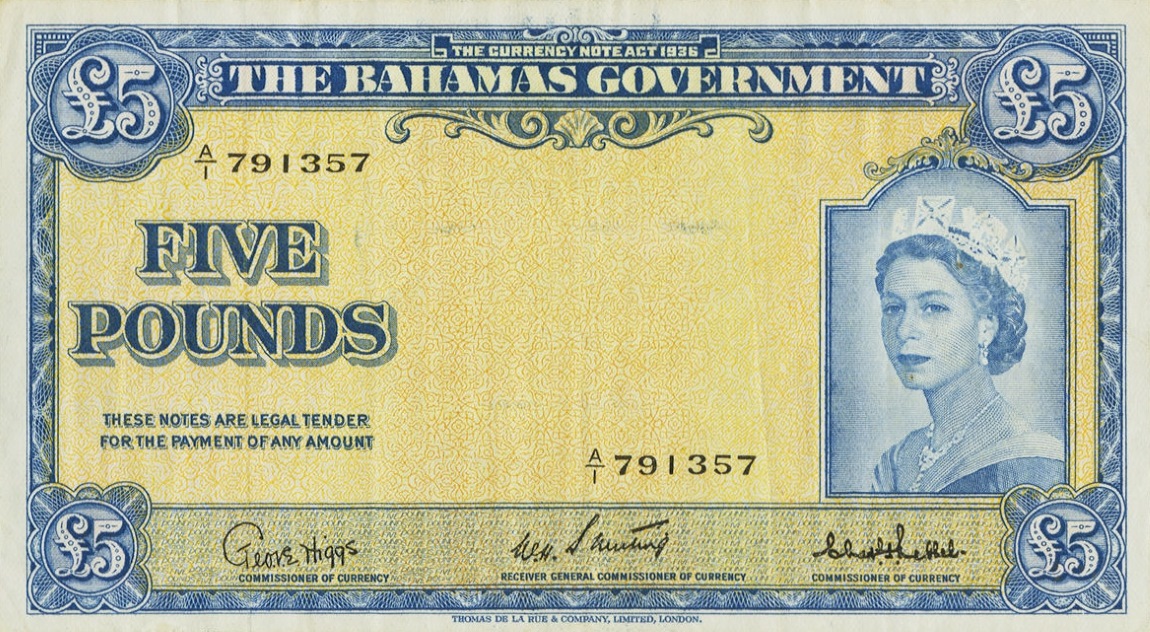 Front of Bahamas p16c: 5 Pounds from 1953