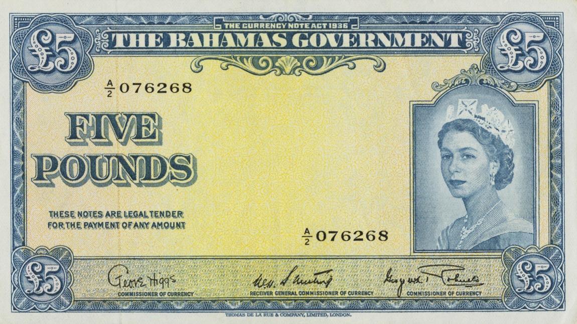 Front of Bahamas p16d: 5 Pounds from 1953