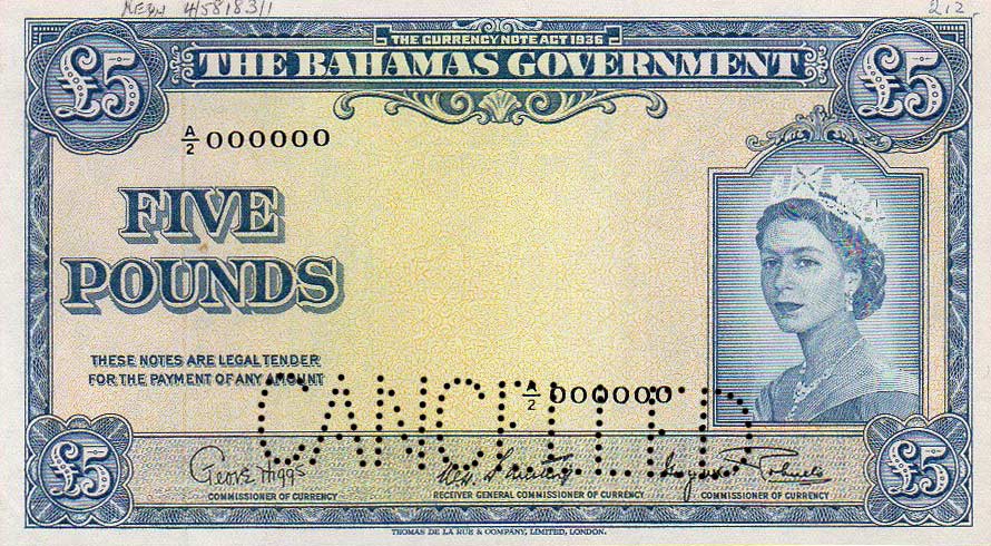 Front of Bahamas p16s1: 5 Pounds from 1953