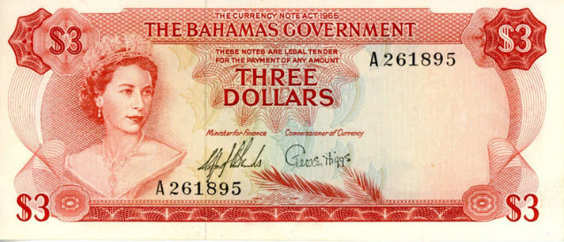 Front of Bahamas p19a: 3 Dollars from 1965