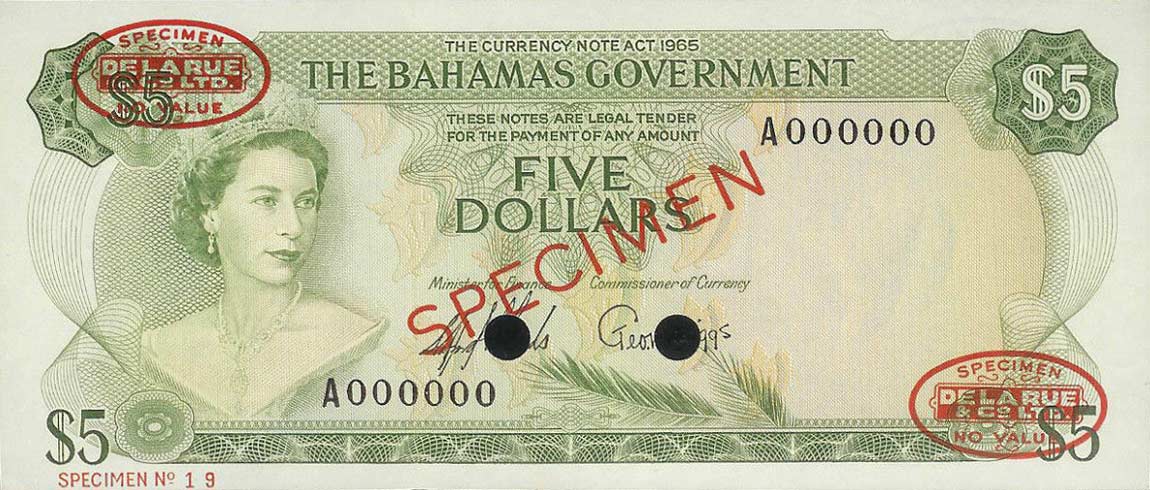 Front of Bahamas p20s: 5 Dollars from 1965